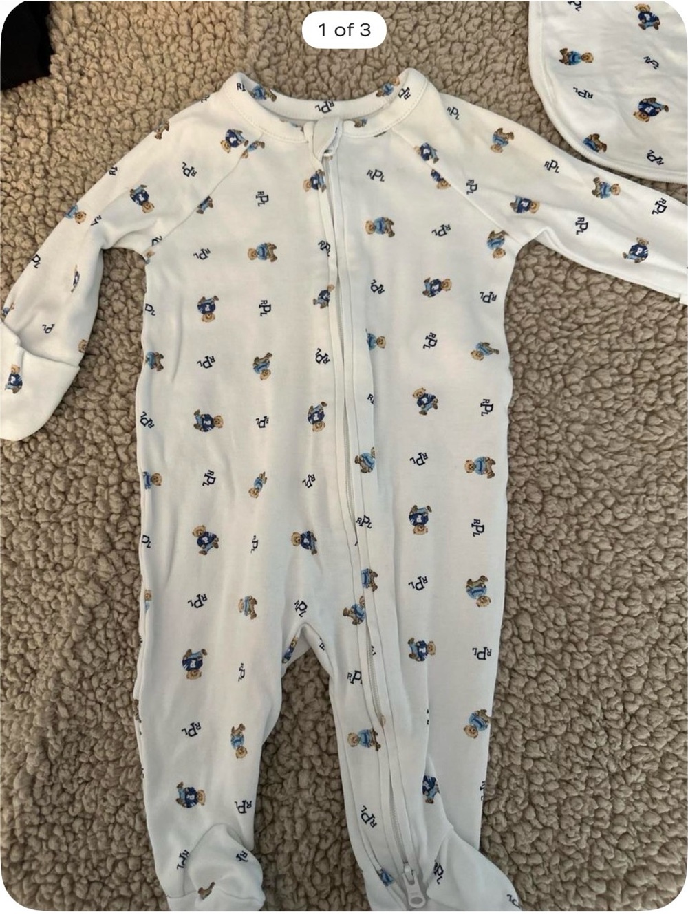 Polo by Ralph Lauren White Baby Footie with Blue and Tan Bear Print